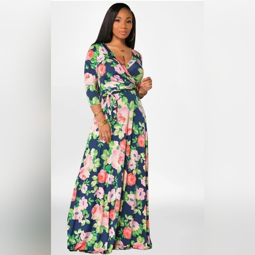 Lara Navy & Pink Floral Faux Wrap Maxi Dress with Tie Front Sz. L #1770
